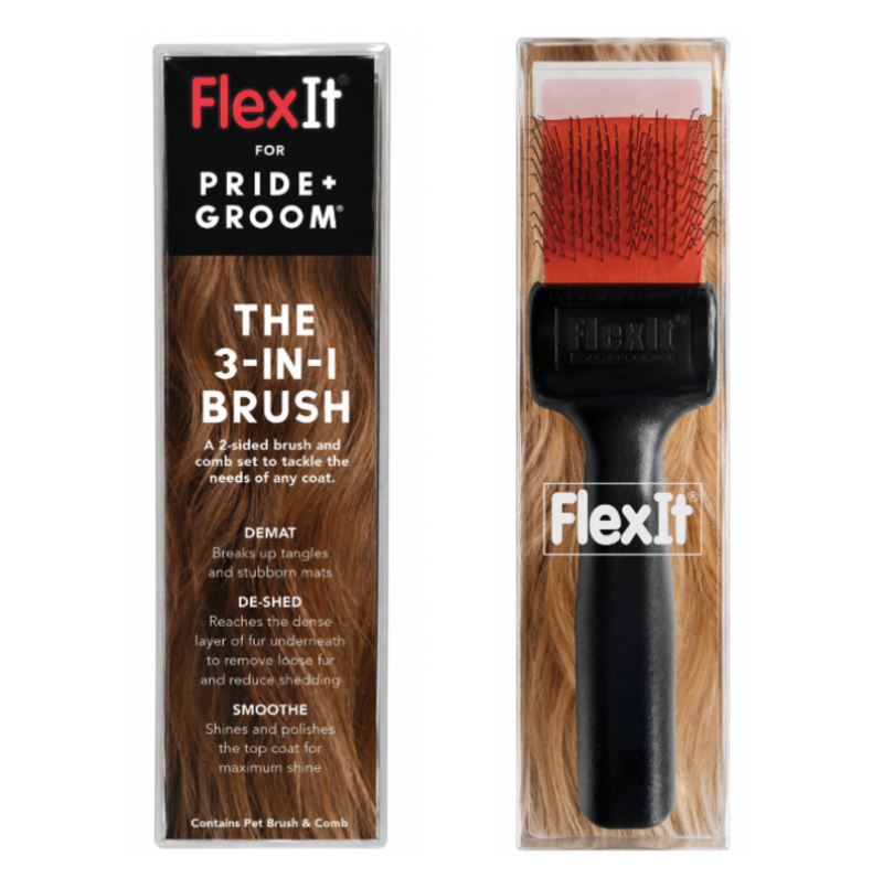 FlexIt for Pride+Groom The 3-In-1 Brush shown next to its retail packaging box. The brush features a black handle, a red bristle head, and a clear cap, while the packaging displays brown hair texture imagery.