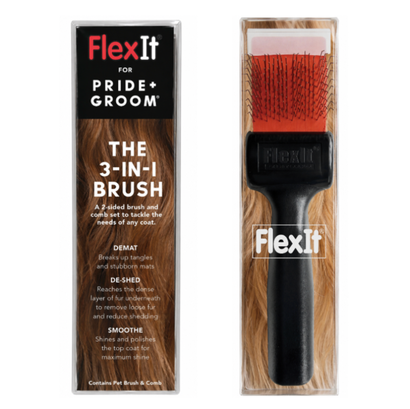 FlexIt for Pride+Groom The 3-In-1 Brush shown next to its retail packaging box. The brush features a black handle, a red bristle head, and a clear cap, while the packaging displays brown hair texture imagery.